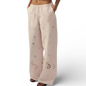Zara Cream Embroidered Pajama Bottom Pants Womens Size XS 100% Cotton